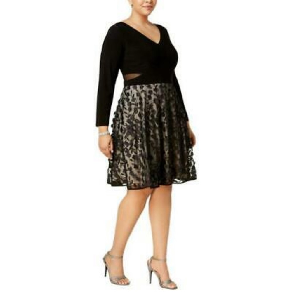 Xscape Black Illusion Long Sleeves Dress Plus